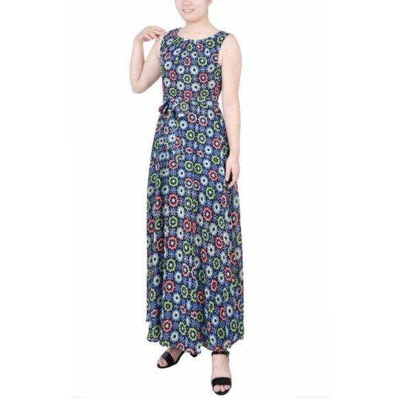 NY Collection XL Petite Sleeveless Belted Black & Neon Chiffon Maxi Dress NWT - Picture 1 of 5